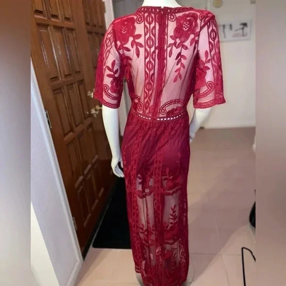 Holiday dress vibes Burgundy Deep V-Neck 1/2 Sleeves lace overlay SIZE S - Picture 10 of 16